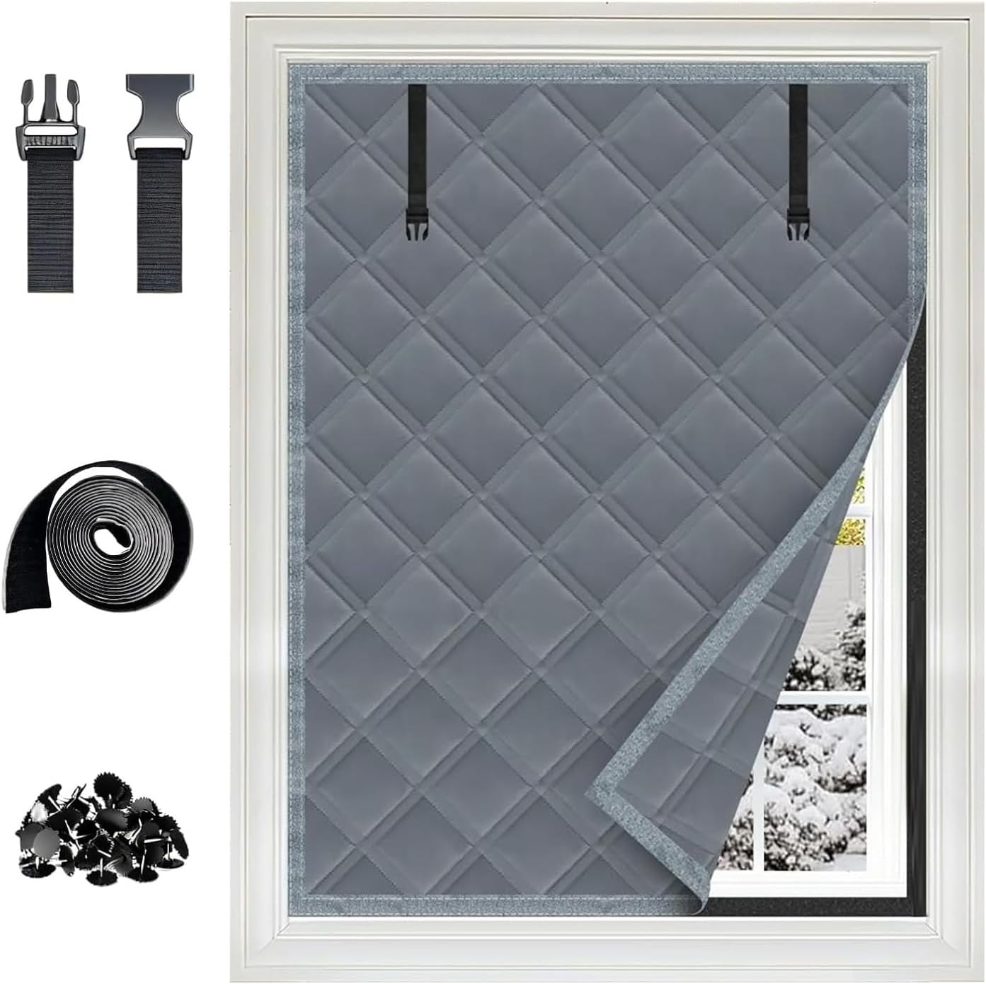 Thermal Window Insulation Cover for Winter 34 35 39 43 47 51 55 59 63 75 79in Thermal Insulated Windows Blanket, Warm Insulated Window Cover for Winter(Gray,35x59in/90x150cm)