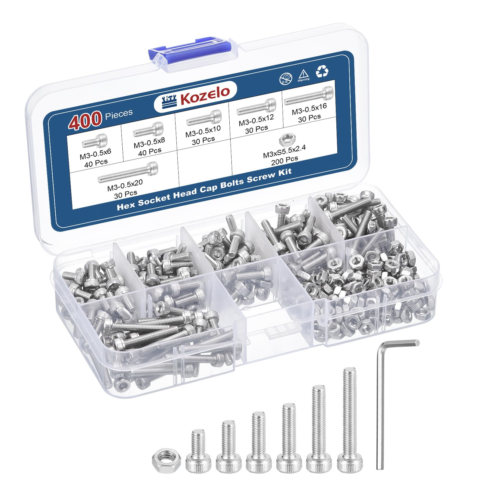 Kozelo 400pcs M3 Socket Head Cap Screws Bolts Nuts Assortment Kit