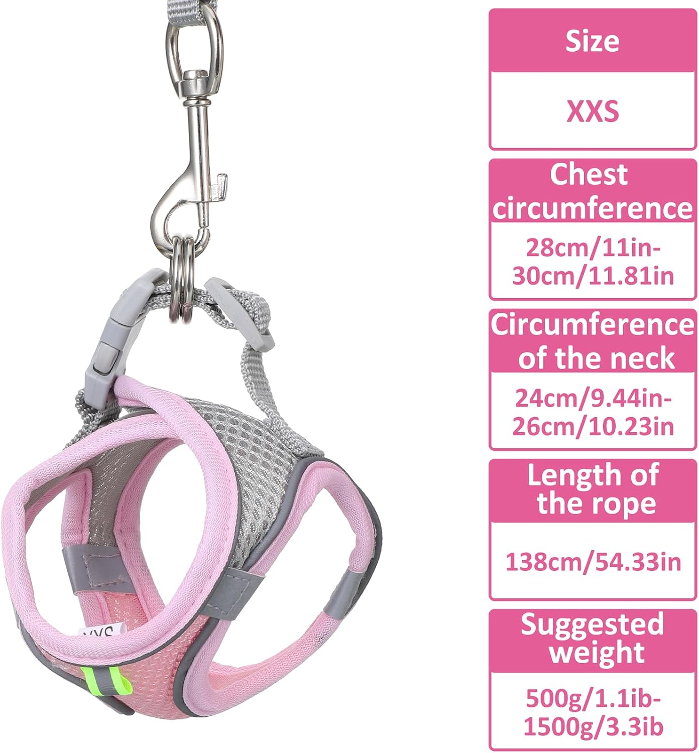 Bunny Harness and Leash Set Breathable Pet Rabbit Harness and Leash Set Soft Rabbit Leashes Reflective Strips Jacket Escape-Proof Walking Gear for Rabbits, Small Kitten, Puppy, Guinea Pigs (Pink, XXS) image 2