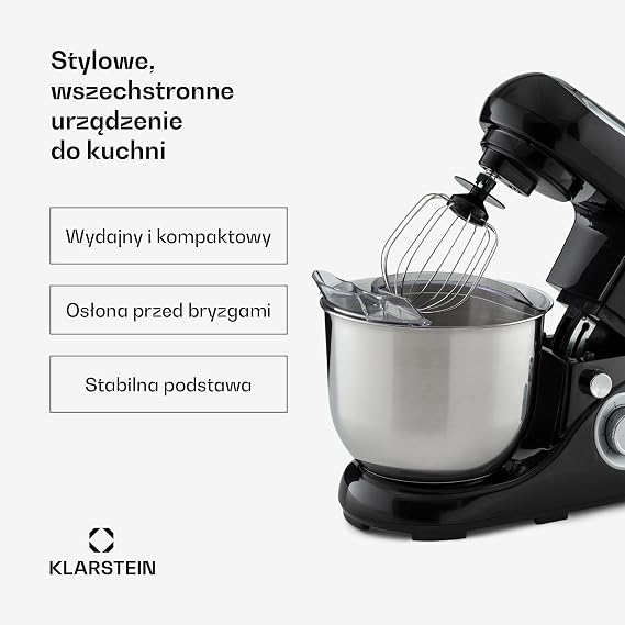 Klarstein Bella Pico 2G Kitchen Maker Food Processor Mixer with Kneading, 6 Power Levels with Pulse Function, Planetary Stirring System, 5L Stainless Steel Bowl, 3-Piece, 1300 W / 1.7 PS, Black