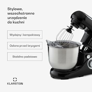 Klarstein Bella Pico 2G Kitchen Maker Food Processor Mixer with Kneading, 6 Power Levels with Pulse Function, Planetary Stirring System, 5L Stainless Steel Bowl, 3-Piece, 1300 W / 1.7 PS, Black