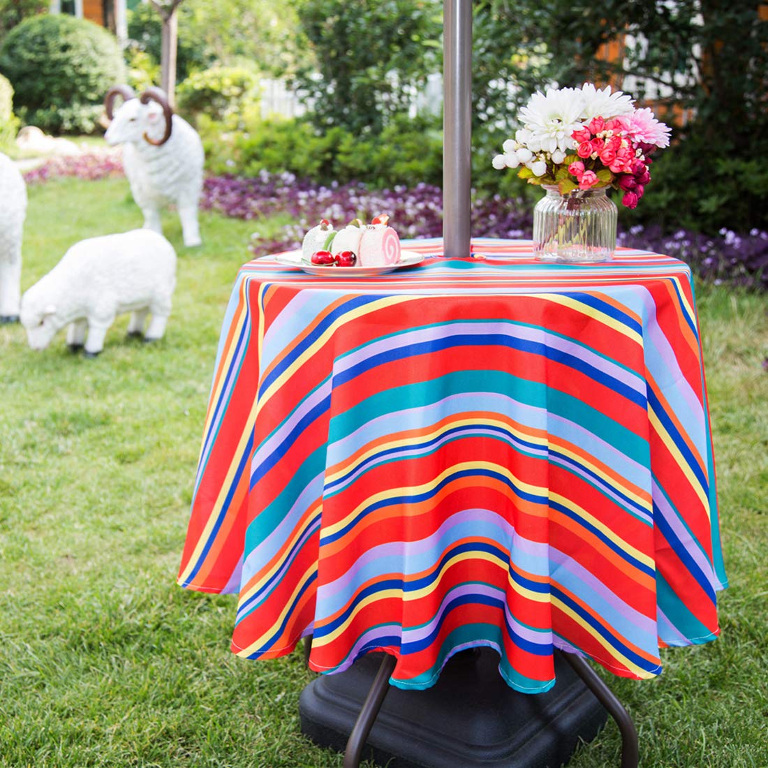 Eternal Beauty 52'' Round Tablecloth Waterproof Outdoor Tablecloth with Umbrella Hole Zipper for Spring Summer Patio Picnic Tables, Red Stripe