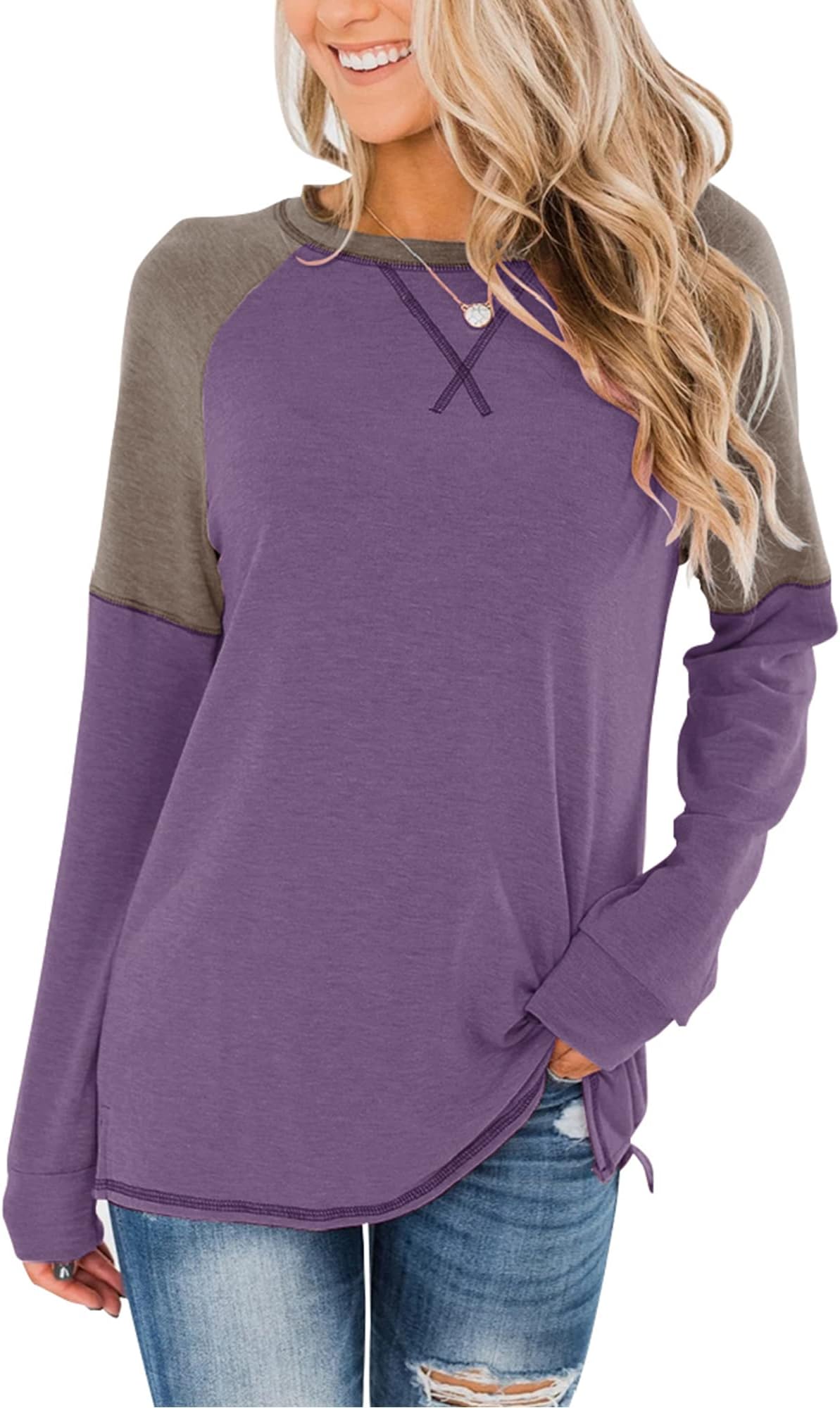 BingerlilyWomen's Casual Long Sleeve Tunic Tops Crew Neck Color Block Blouse