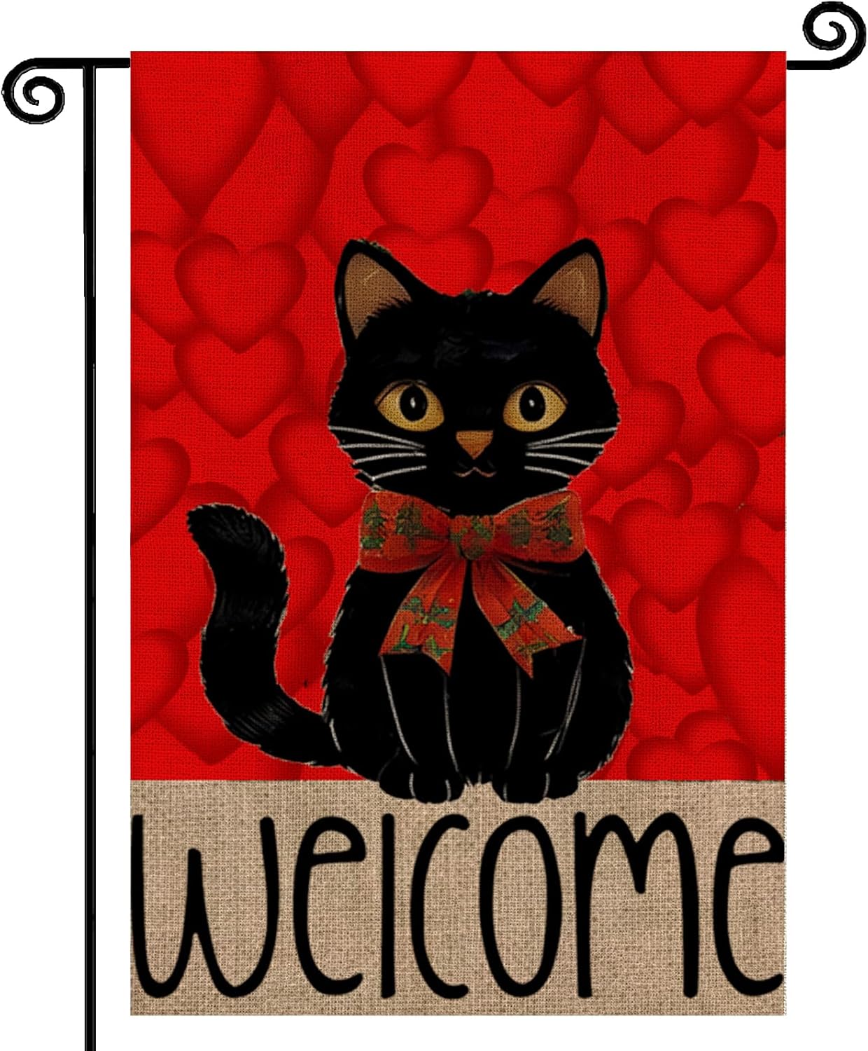 Valentines Day Welcome Garden Flag Black Cat Love Hearts Flag 12x18 Inch Outside Double Sided, Anniversary Love Heart Rustic Yard Outdoor Decoration
