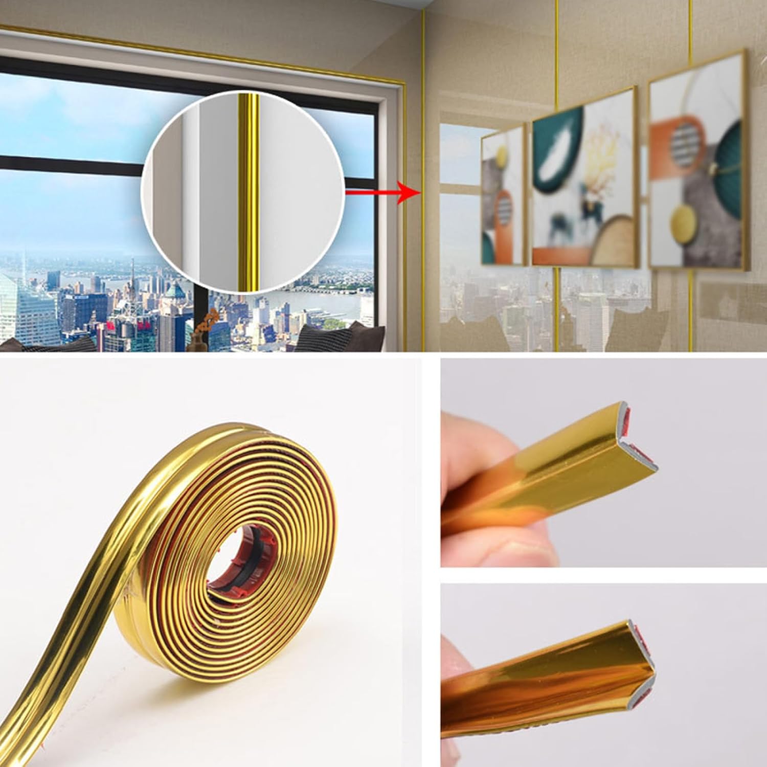 32.8 ft x 0.8 in Metallic Wall Decal Trim, Molding & Wall Trim Peel and Stick Design, Flexible Metalized Mirror-Like Finish for Wall Mirror Door Wardrobe Borders (Gold)
