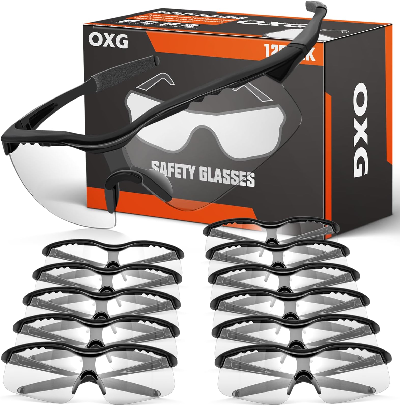 OXG 12 Pack Safety Glasses, ANSI Z87.1 Impact Resistant Anti-Scratch Safety Goggles for Men Women Youth