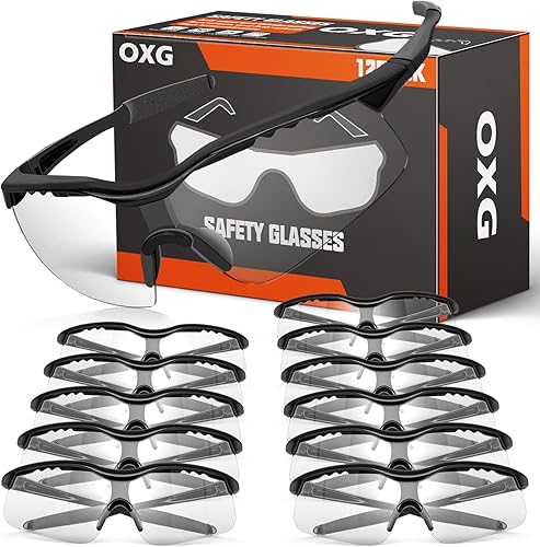 OXG Paquete de 12 lentes de seguridad, ANSI Z87.1, resistentes a los impactos, antiatascos, para hombres, mujeres y jóvenes