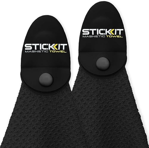 STICKIT Toalla magnética, color negro, paquete de 2, toalla de golf de microfibra de primer nivel con bolsillos profundos de gofre, imán de fuerza