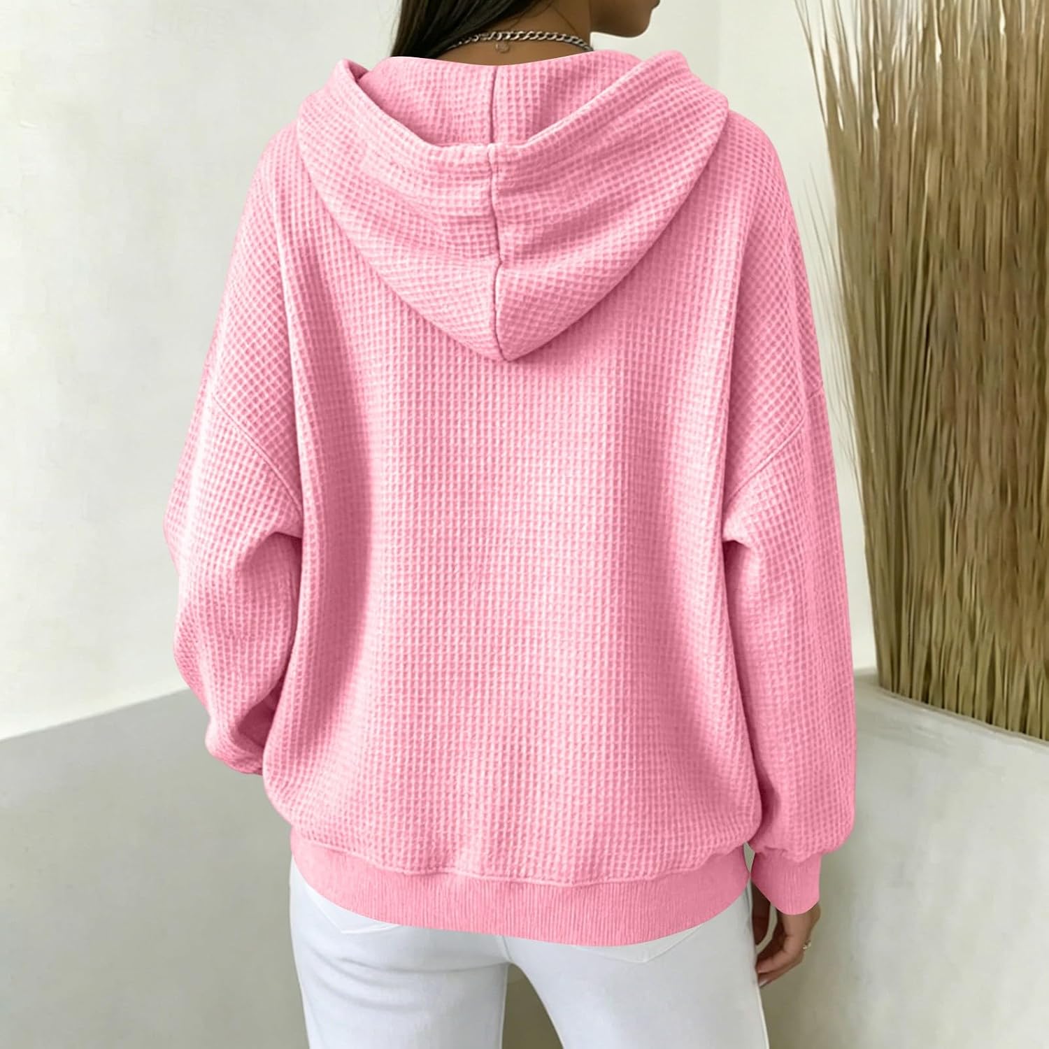 Women Casual Waffle Grid Textured Pullover Hoodie Contrast Drawstring Pocket Loose Long Sleeve Sweatshirts