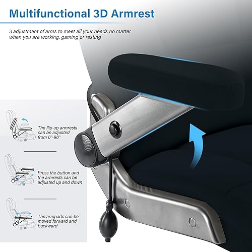 Miniatura 5 de Silla de oficina grande y alta, 500 libras, silla de escritorio ejecutiva con soporte lumbar ajustable, brazos abatibles 3D, ruedas silenciosas