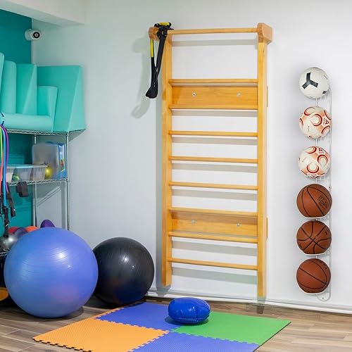 Miniatura 4 de MyGift Moderno estante de almacenamiento de pelotas deportivas de metal negro, pelota medicinal, baloncesto, pelota de fútbol, voleibol para