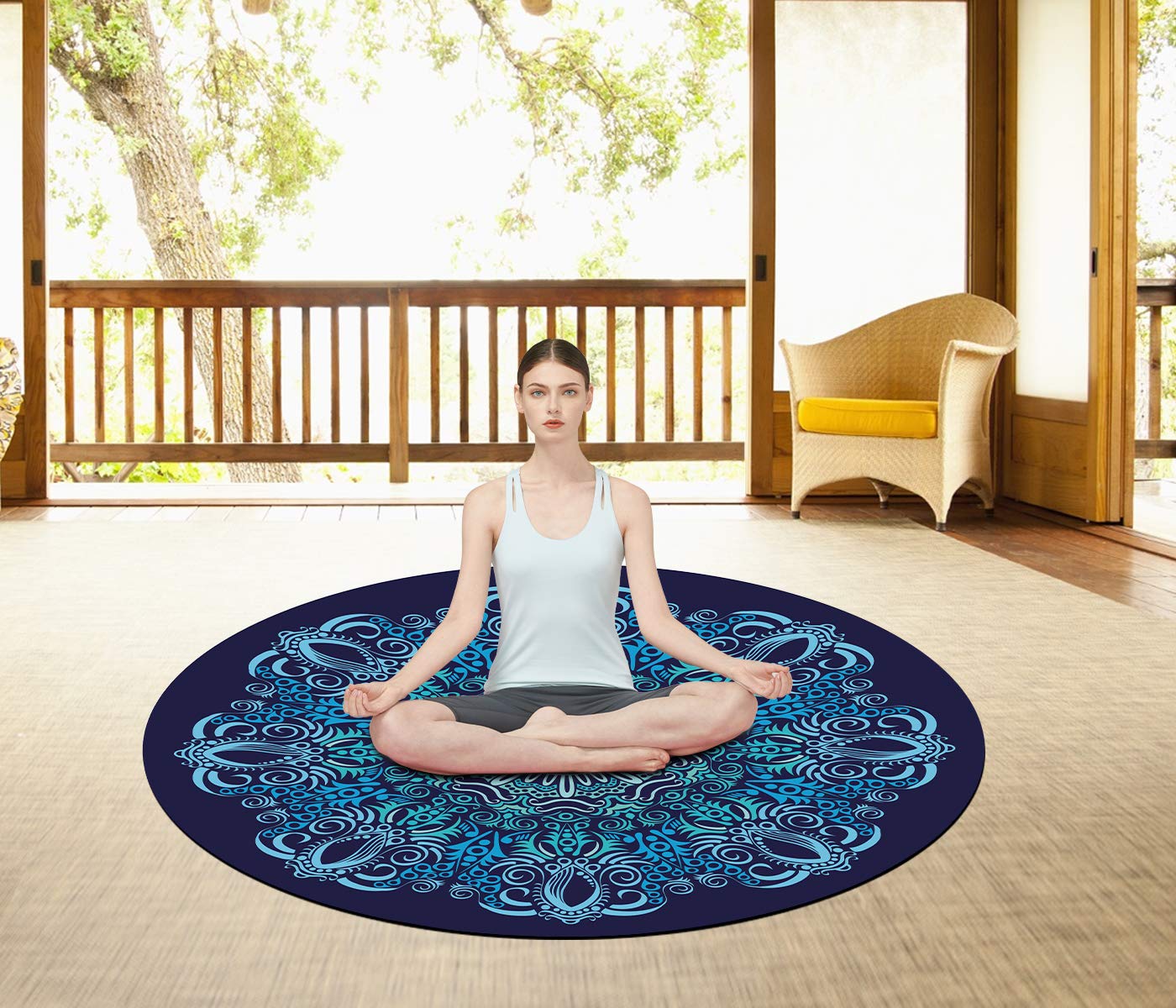 Pilates - Tappetino rotondo da yoga oversize in gomma scamosciata, antiscivolo, diametro 140 cm, tappetino da meditazione per allenamento per la casa all'aperto (blu)