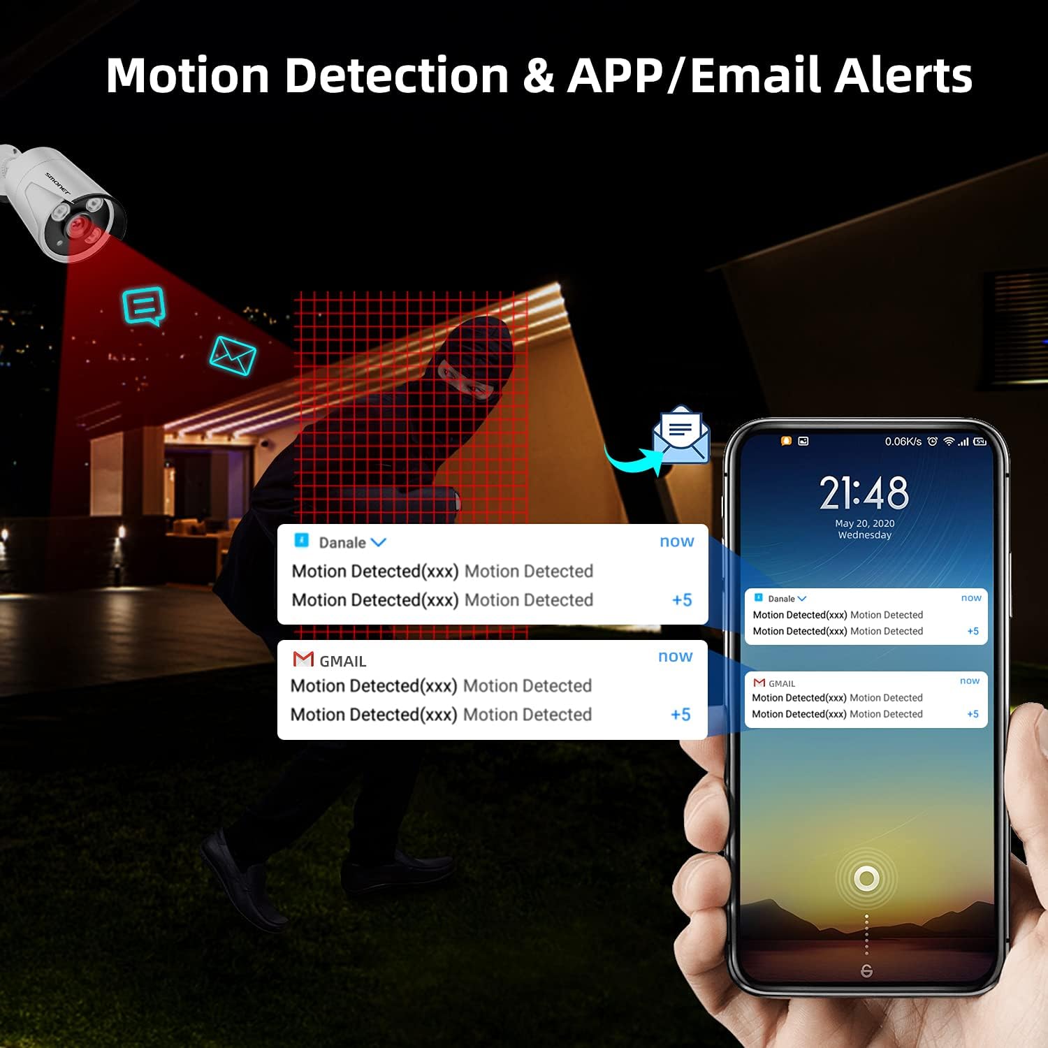Smartphone displaying motion detection alerts and email notifications, with a camera detecting a person.