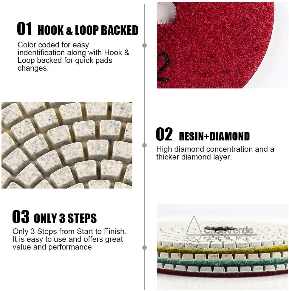 casaverde 4 Inch with 2.5mm Thickness Dry/Wet 3 Step Polishing Pads for Granite Marble Concrete Stone