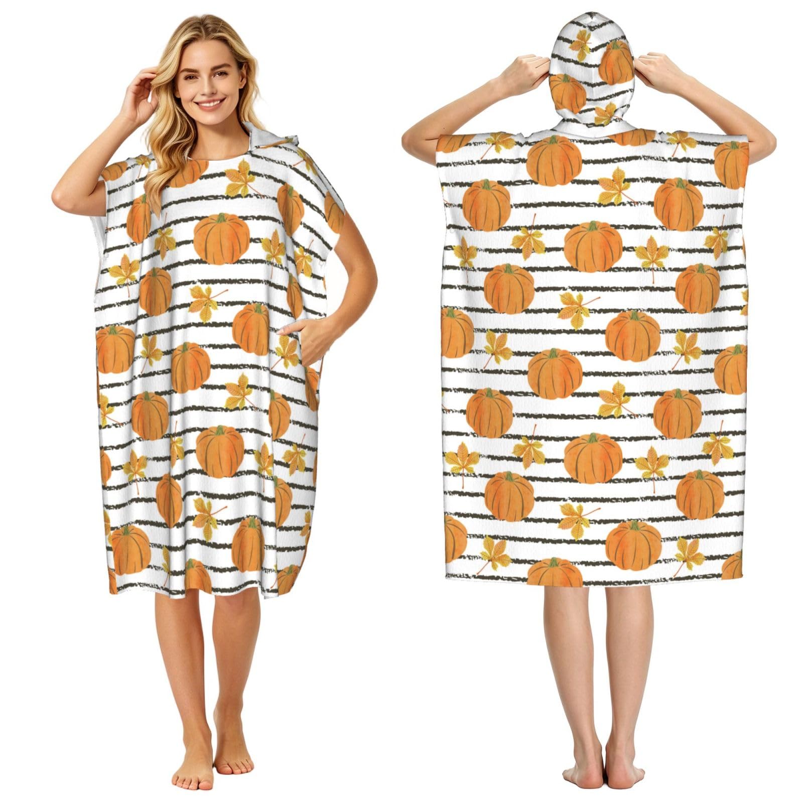 Poadnly Autumn Pumpkins And Leaves, Adult Hooded Beach Towel 90 x 110 cm,Changing Bath Robe, Surf Poncho Towel For Women Men