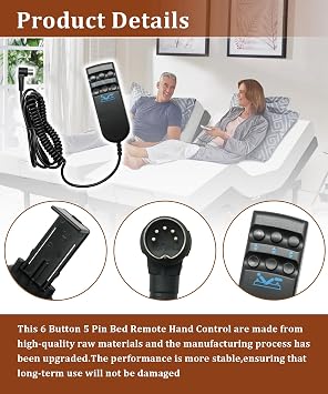 6 Button 5 Pin Bed Remote Hand Control for Electric Bed Fits for Electric Adjustable Bed Durable Replacement Remote Control