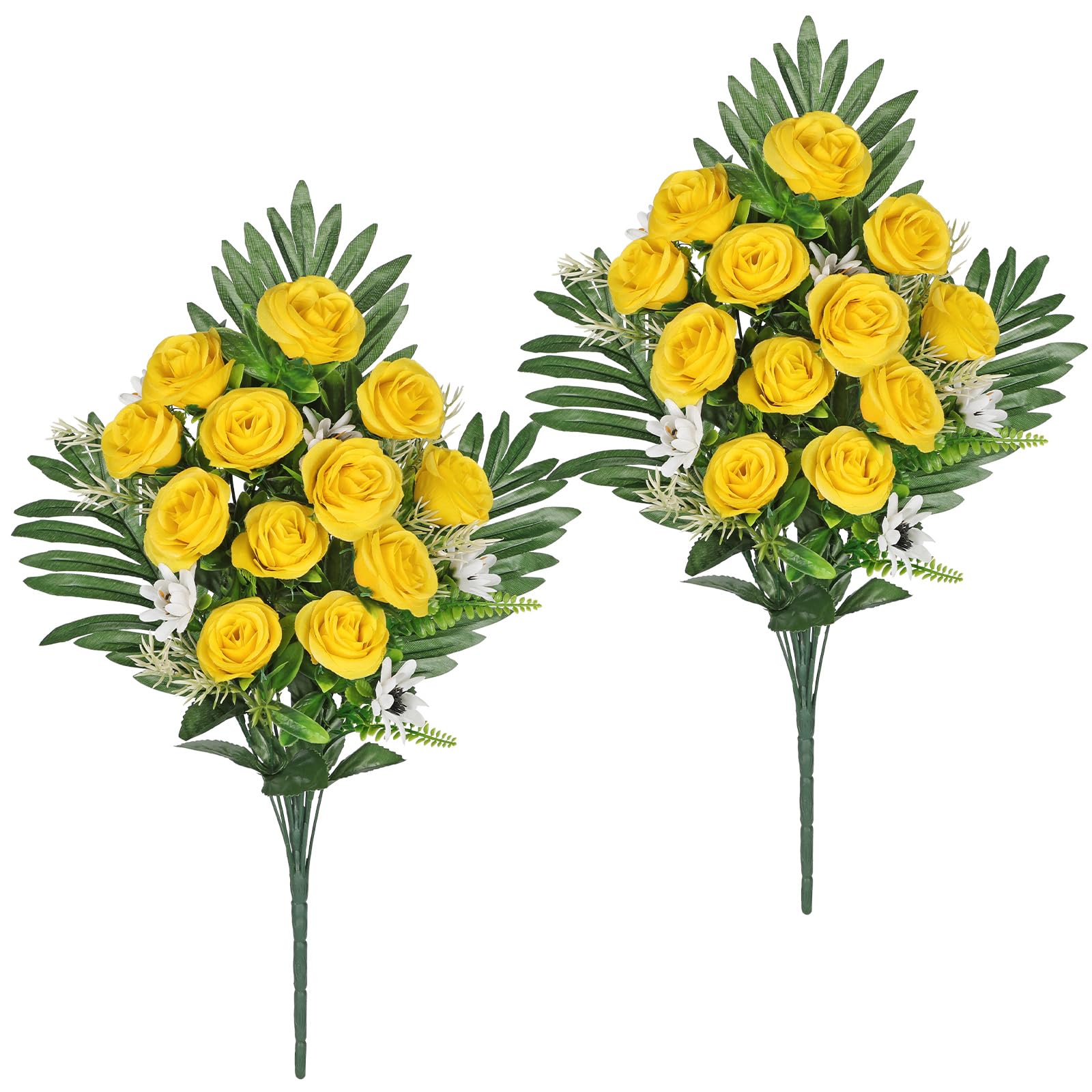 Hollyone Artificial Cemetery Flowers for Grave, Set of 2 Silk Yellow Faux Rose Bouquet Flower Outdoor Graveyard Memorial Flowers for Cemetery