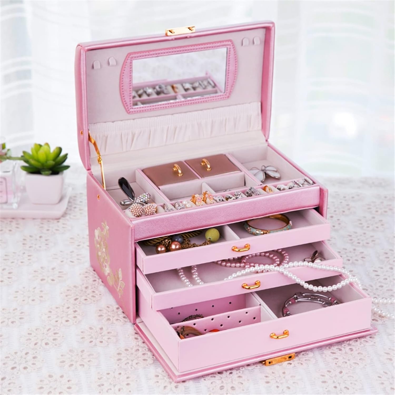 ジュエリーボックス 大容量 鏡付き 鍵付き pmydamai005 レア 新品 鍵