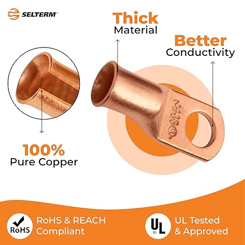 Miniatura 37 de SELTERM - 2 terminales de anillo resistentes para cable de batería, calibre 4 AWG, pernos de 3/8 pulgadas, terminales de calibre 4, ojales de cobre