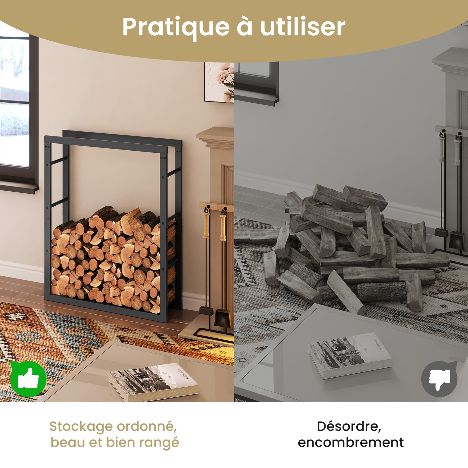 Laneetal Range-Bûches, Étagère pour Bois de Cheminée Intérieur Extérieur, 100x80x25cm, Métal, Noir