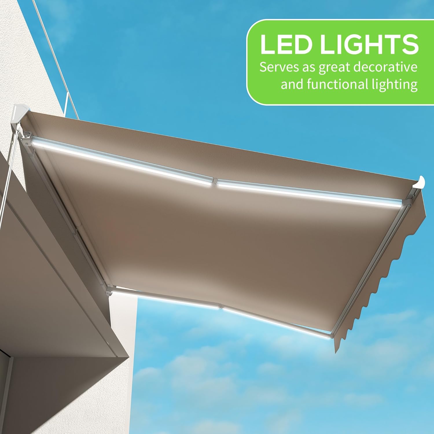 Awning with illuminated LED lights along its arms, providing decorative and functional lighting