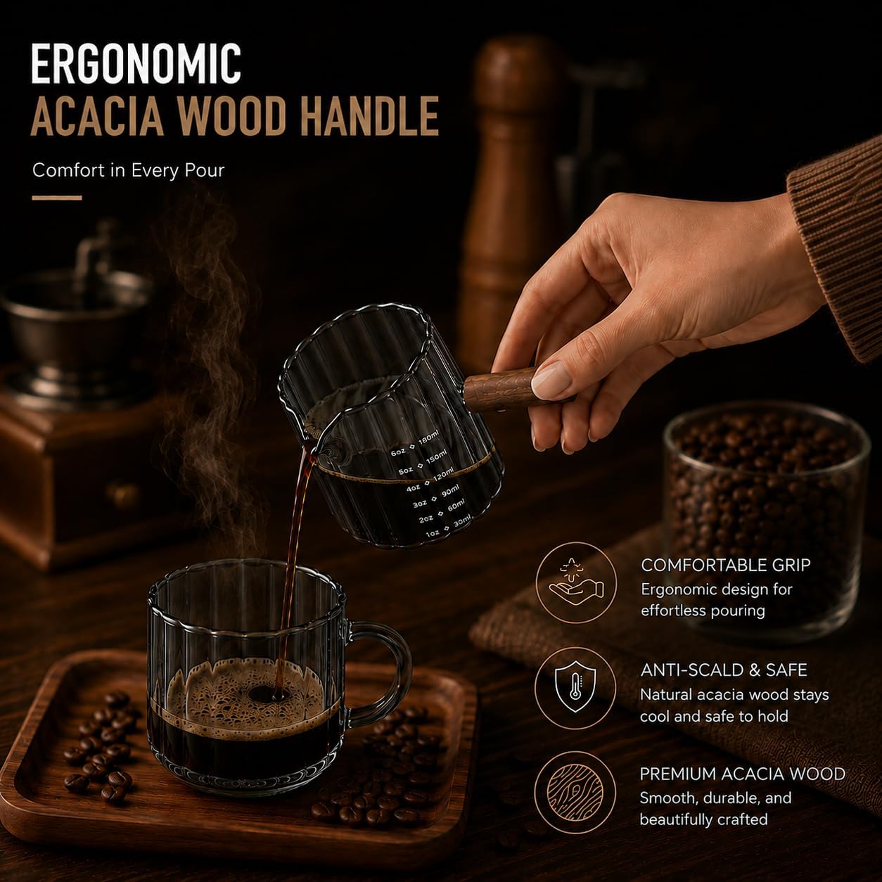 2 Pack Espresso Shot Measuring Cups 6oz, Clear & Grey Ribbed Glass Espresso Cups with Wood Handle, V-Shaped Spout, oz/ml Markings for Espresso, Milk Frothing, Latte and Coffee Bar