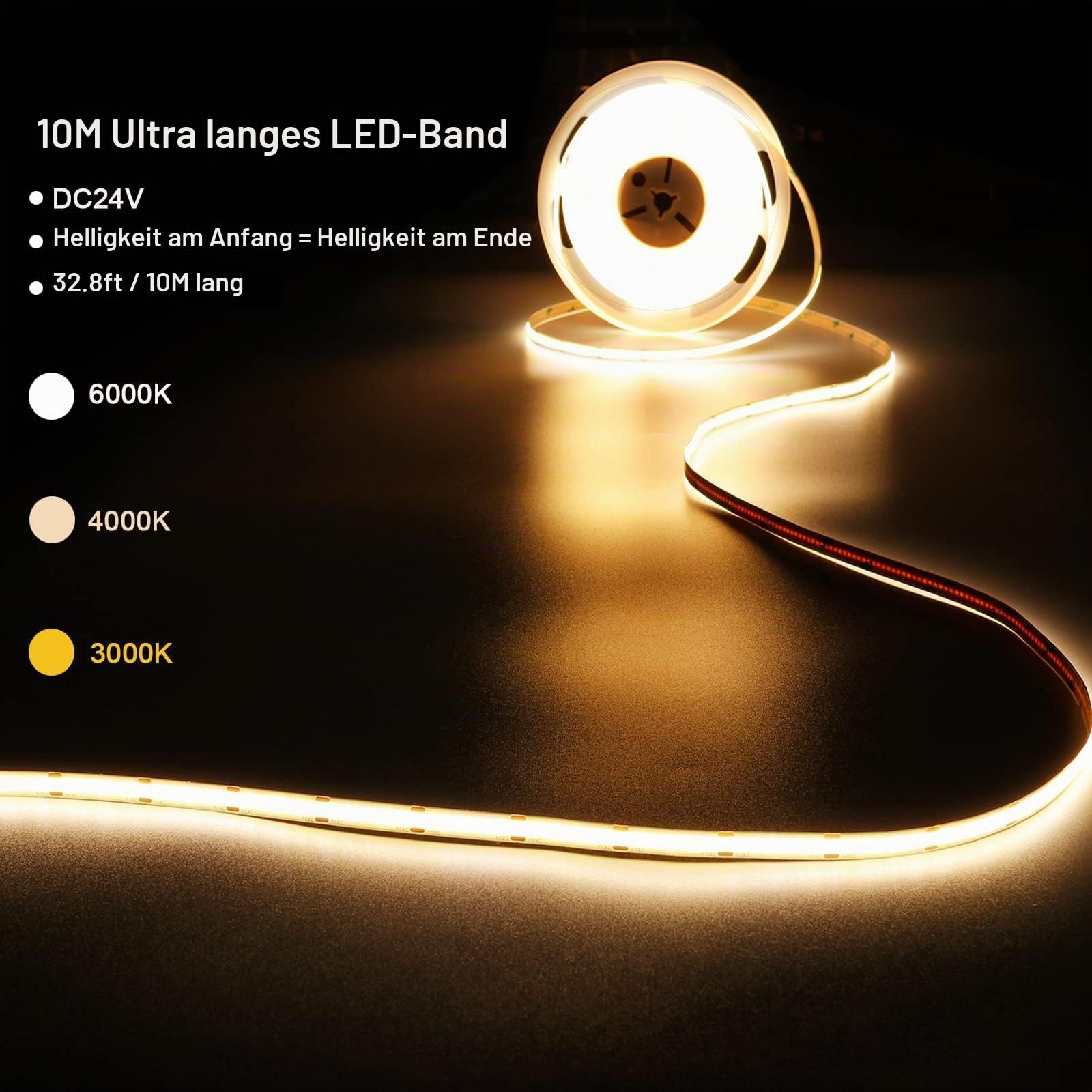 GOMING 24V 10M COB LED Strip Warmweiss 3000K LED Streifen Warmweiß CRI 93+ | 384LEDs/M LED Band Selbstklebend Hohe Helligkeit 6800lm Nicht Wasserdicht IP20 für Heim Deko(Netzteil nicht Enthalten)
