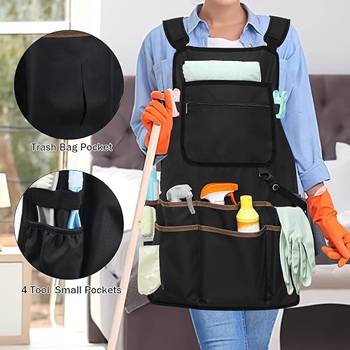 Miniatura 5 de Delantal de limpieza profesional con arnés de doble hombro y cinturón ajustable en la cintura, delantal grande de limpieza con 14 bolsillos para