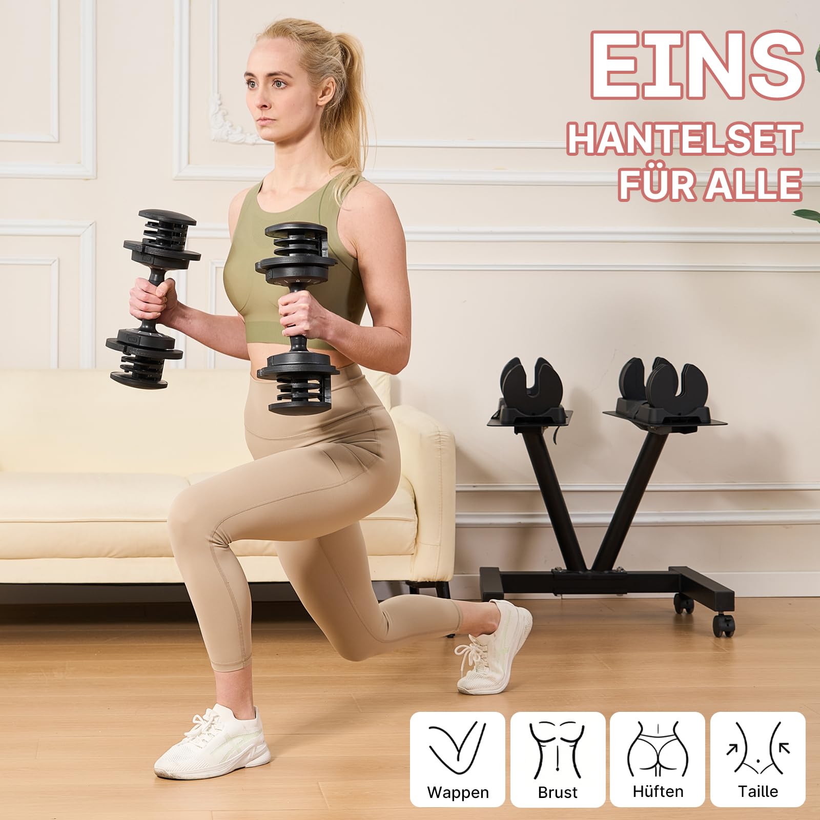 EnterSports Verstellbarer Hantelständer mit Rollen,Strapazierfähiges Hantelgestell (3–50 kg), 100 kg Tragkraft, Platzsparendes Aufbewahrungsgestell für das Heim-Fitnessstudio (nur Ständer)