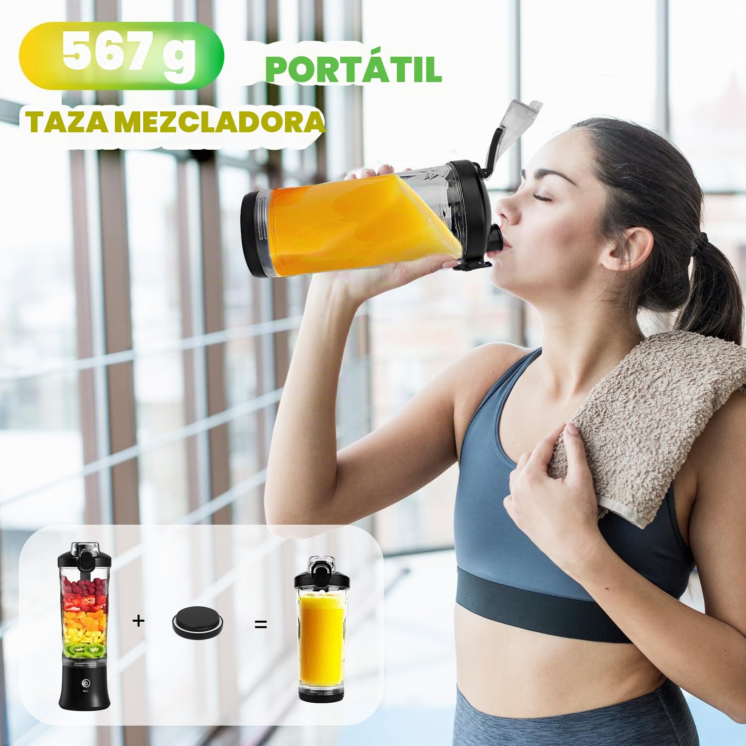 Batidora portátil personal exprimidor para batidos y licuados - Botella eléctrica de 591 ml para proteínas con funda aislante, tapa de viaje, recargable por USB-C - Mini taza de licuadora pequeña para