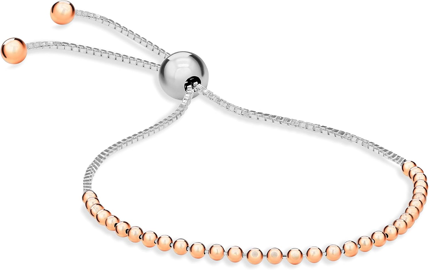 Tuscany Silver Women's Sterling Silver Rose Gold Plated Beaded Adjustable Slider Bracelet 23 cm/9 inch, Multicolour