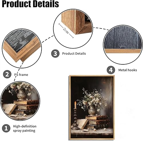 Miniatura 7 de Lienzo enmarcado de libros de flores de estilo victoriano, impresiones rústicas de flores antiguas bodegones, pintura adecuada para sala de estar,