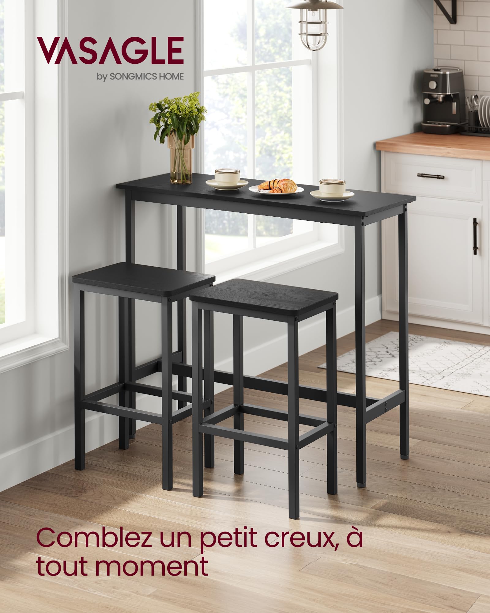 VASAGLE Ensemble de Meubles de Salle à Manger, Table et Tabourets de Bar, Table Petit-Déjeuner avec 2 Tabourets Hauts, Cadre en Acier, Style Industriel, Noir Boisé et Noir d'encre LBT218B56