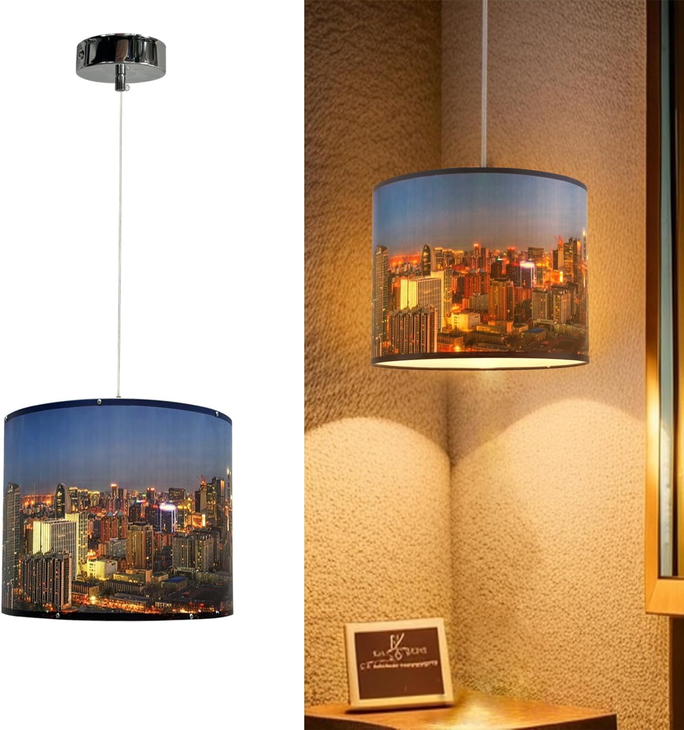 Night City Picture Pendant Light Fixture, 10Inch Modern Chandelier Print Hanging Ceiling Lamp Flush, Vintage Pendant Lights for Living Dining Room Kitchen Bedroom,Customizable Printed Indoor Lighting