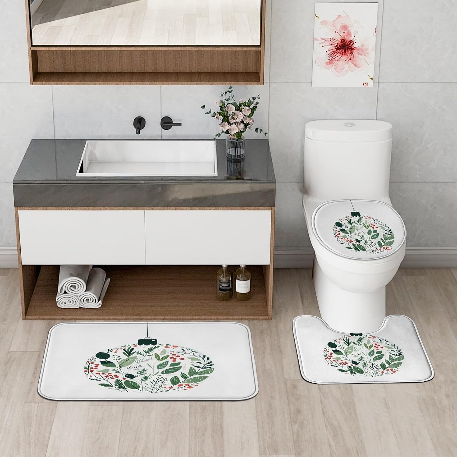 4PCS Modern Merry Christmas Balls Bathroom Sets, Bath with Non-Slip Rug, U Shape Toilet Lid Cover Mat, Fun Happy Xmas Bathroom Decor-72''x72''