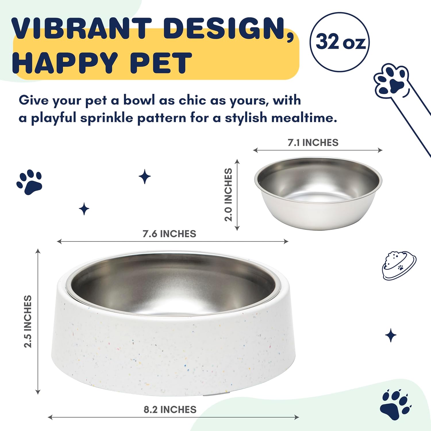 Bzyoo Pet Bowl for Small Dogs & Cats, Stylish Sprinkle Design, Elevated, (White w/Scoop, 4 Cups w/Scoop)