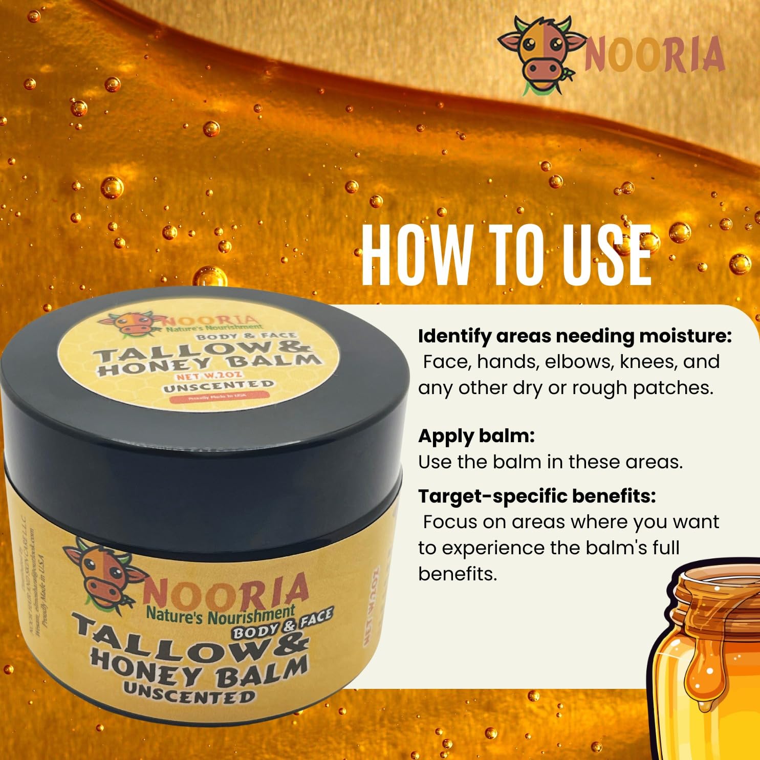 NOORIA : Handmade Tallow honey Balm (Unscented/Herb-Infused) - Grass-fed tallow and Raw Honey For Deep Hydration and Skin Health - For All Skin Types, Body & Face - No essential oils - 02 oz image 4