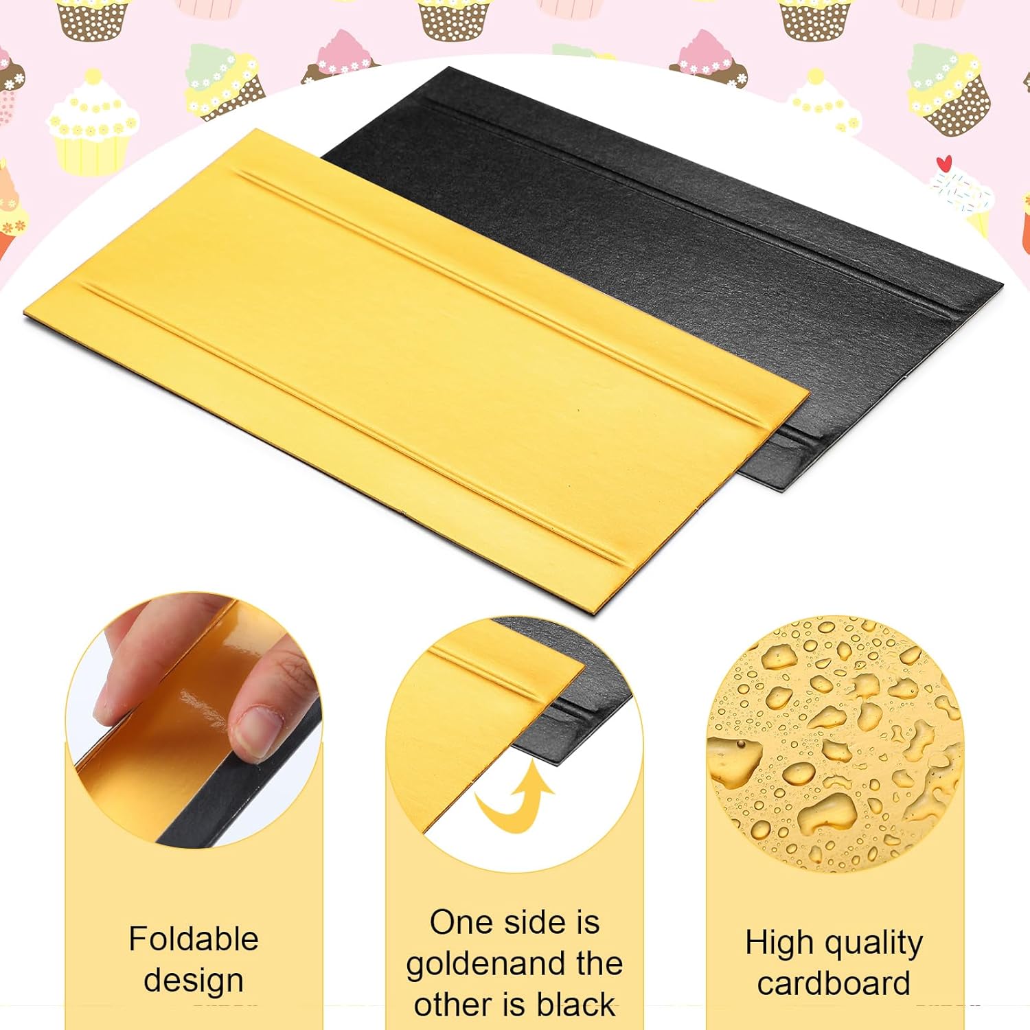 500 Pcs Mini Rectangular Foldable Paper Cardboard Cake Board Plates Bulk Mini Mousse Cake Bases Cardboards for Dessert Pastry Display Trays (Gold,Black)