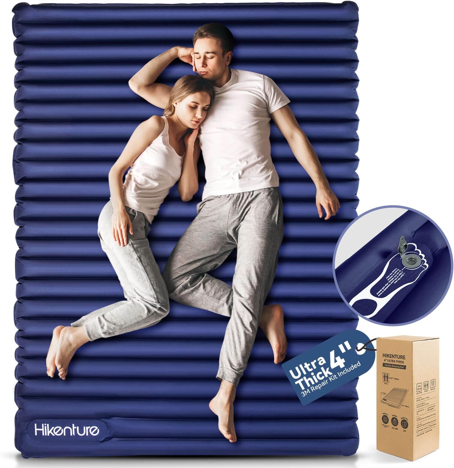 Hikenture Double Sleeping Pad for Camping, Ultralight 4" Extra-Thick Camping Mattress 2 Person, Inflatable Backpacking Sleeping Mat, Hiking Air Mattress for Tent (Navy Footpump 79x47.5in)