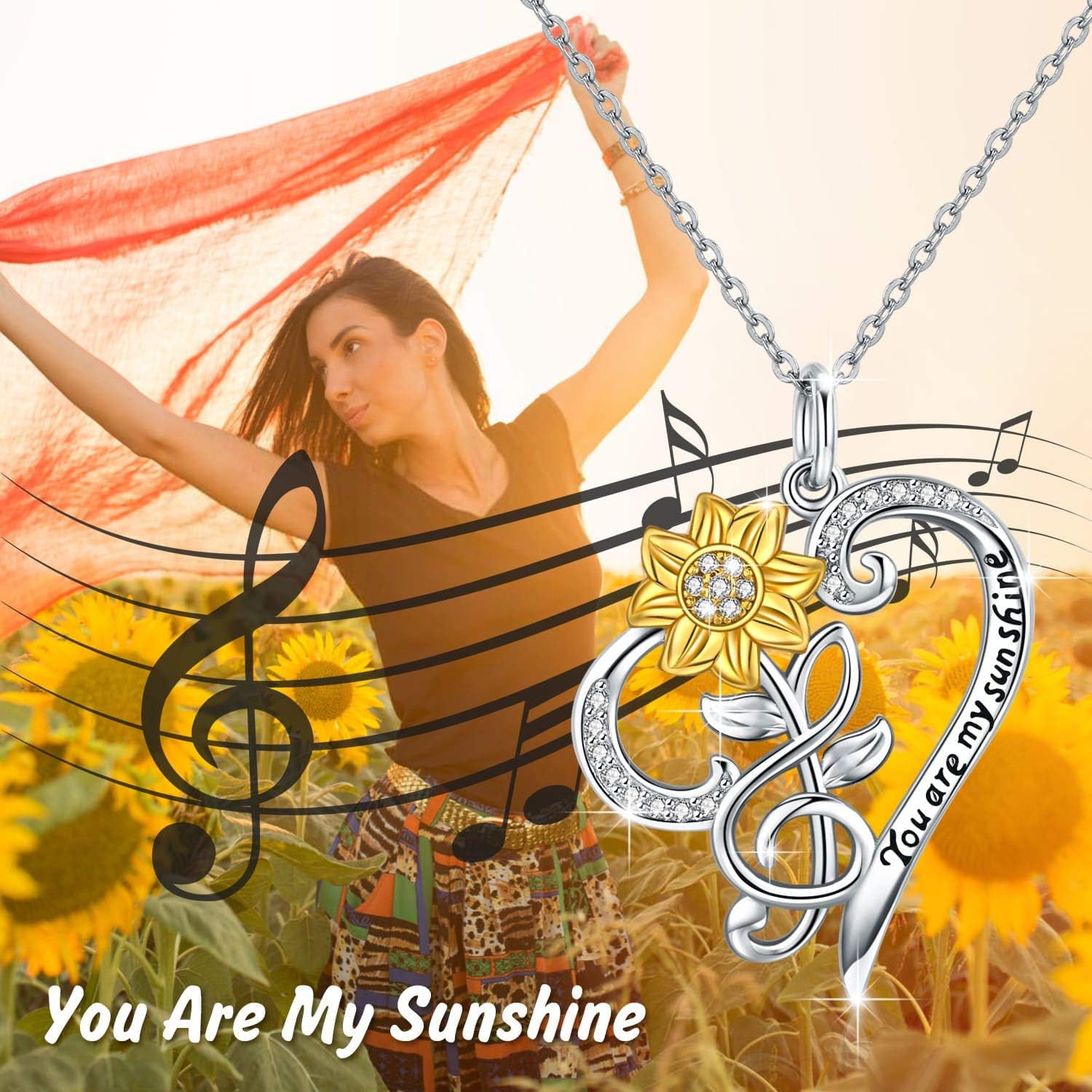 JUSTKIDSTOY Sunflower Necklace S925 Sterling Silver - You are My Sunshine Necklace Sun Flower Heart Pendant Musical Note Jewelry Gifts for Women Mom Mother's Day Birthday - Image 2