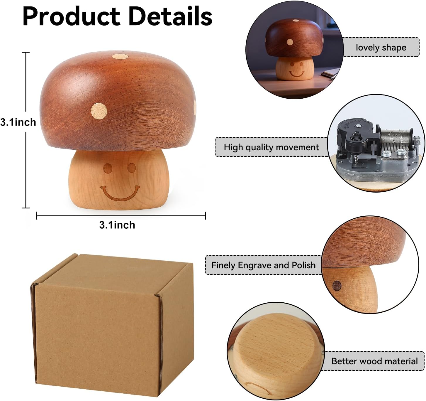 You are My Sunshine Cute Mushroom Mechanism Music Box Adorable Wood Keepsake Gift for Women Teenagers Love Birthday, Christmas, Home Decor Gift, Encouraging Inspirational Present