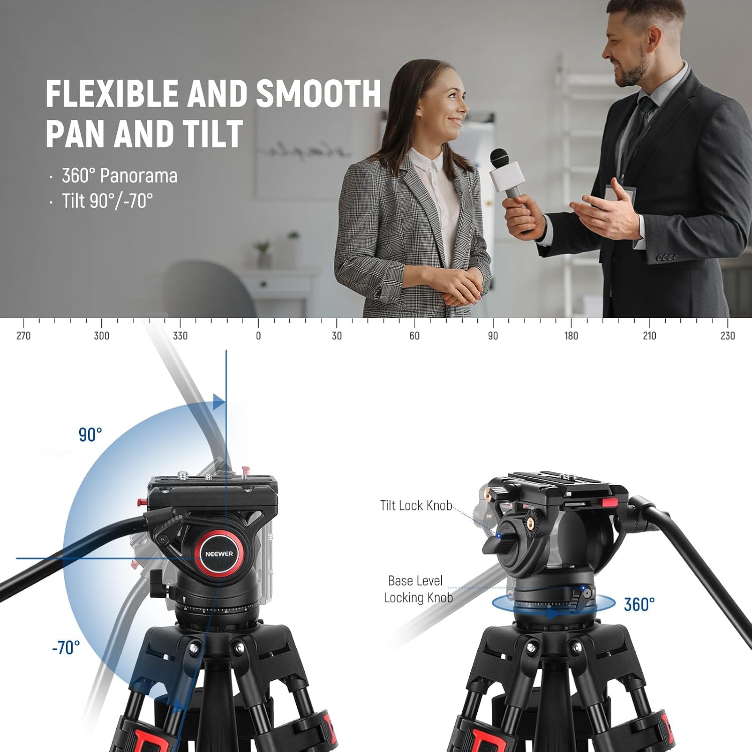 NEEWER 74" Video Tripod with Fluid Head & Damping Control, Aluminum Heavy Duty Camera Stand Professional with QR Plate for DSLR Camcorders for Video Recording, Cleaning Cloth, Max Load 17.6 lbs, TP74