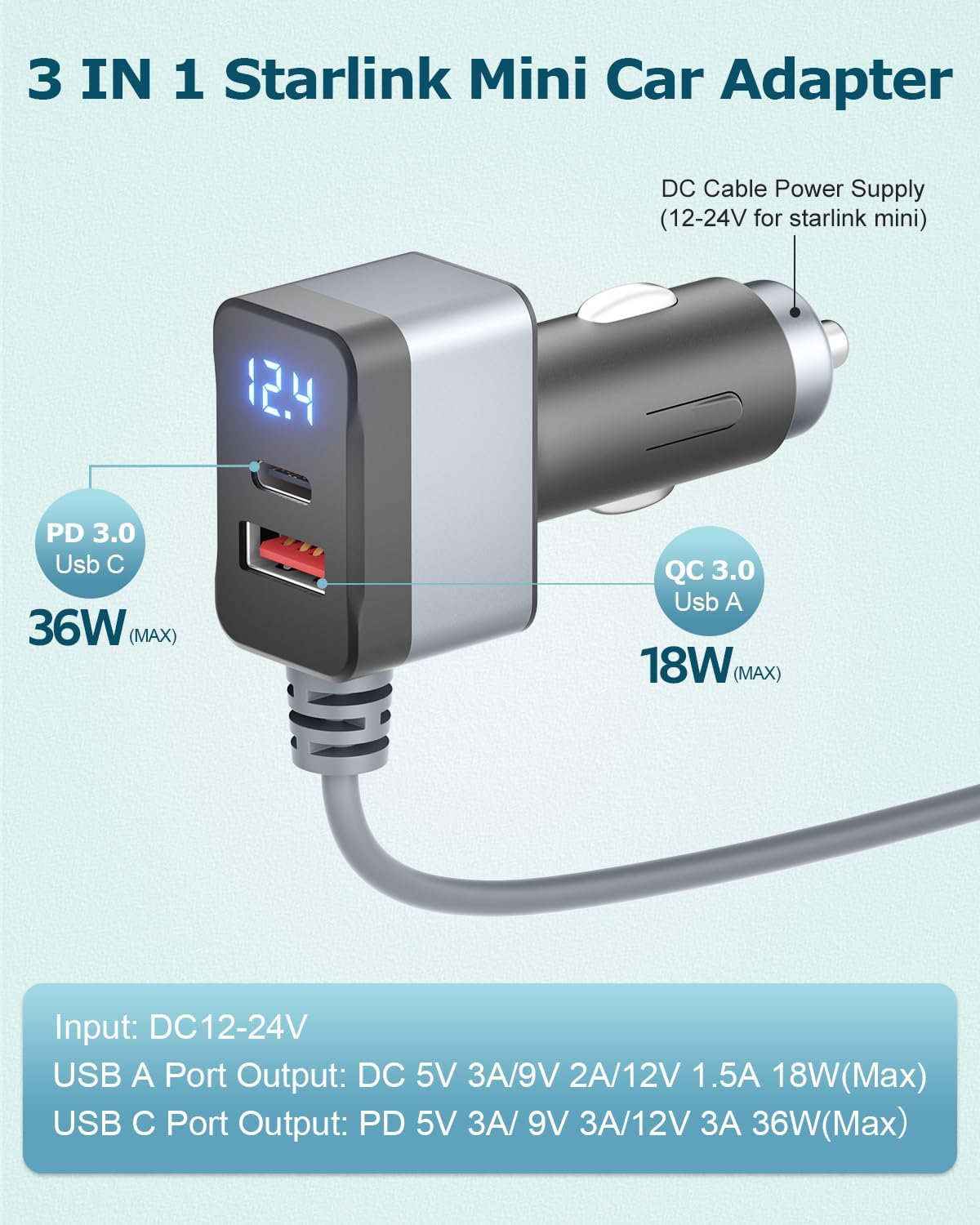 Starlink Mini Protective Cover Case Black+3 in 1 Starlink Mini Cable 12V Adapter 10FT