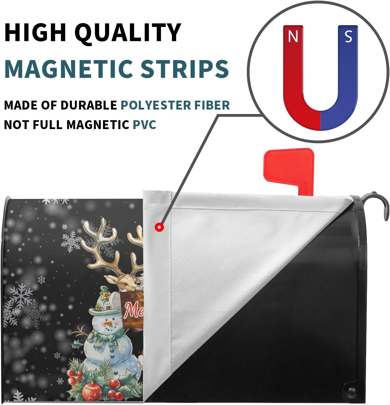 Merry Christmas Mailbox Cover Magnetic Snowman Santa Claus Reindeer Decorative Letter Post Box Cover Large Size 25.5x21 Inch Happy Holiday Xmas Black Post Wraps for Home Outdoor Garden Yard Decor