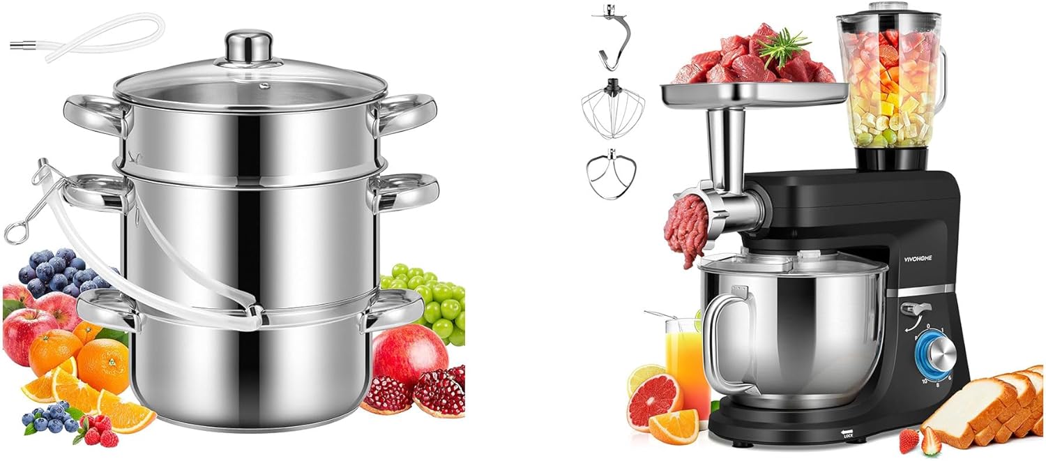 VIVOHOME Stainless Steel Juice Steamer Extractor 5 Qt with Tempered Glass Lid, VIVOHOME 6 in 1 Multifunctional Stand Mixer with 8.5 Quart Stainless Steel Bowl
