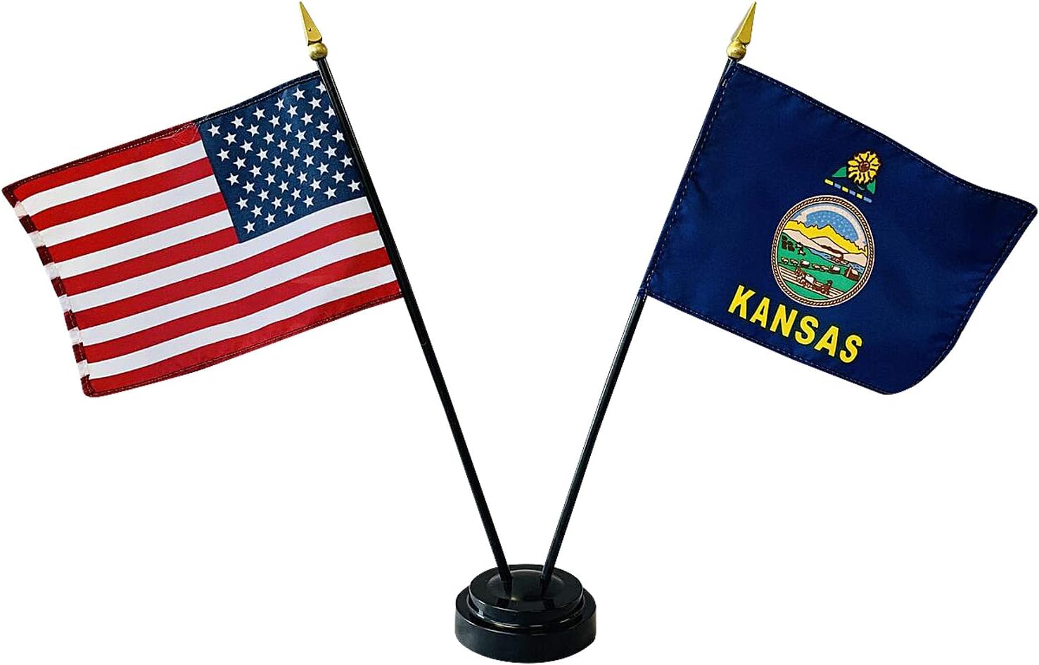Set of 3 4x6" E-Gloss Kansas Stick Flag with Plastic Table Base - Made in the USA