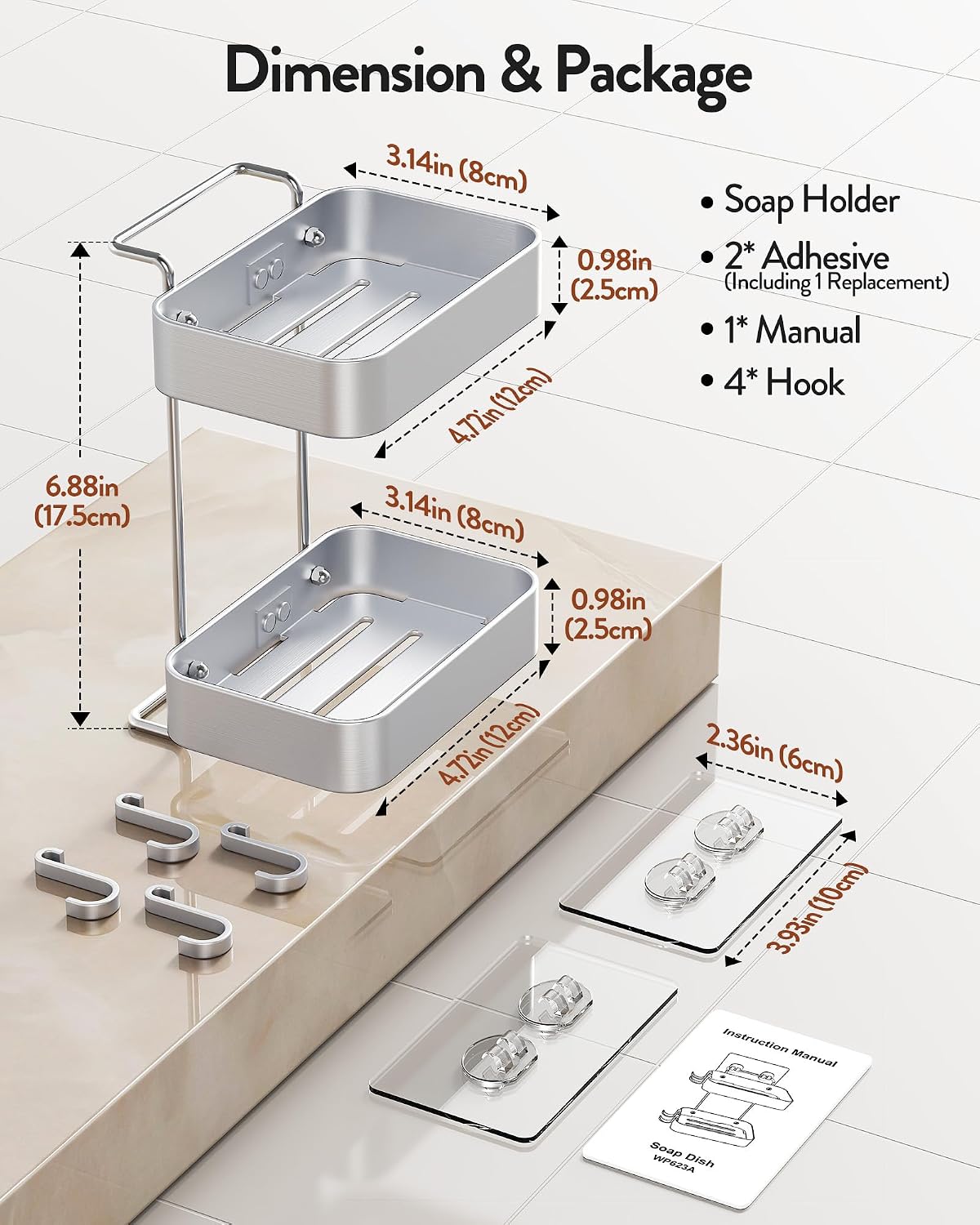Orimade Aluminum 2 Tier Soap Holder for Shower – Wall Mounted Rustproof Soap Dish with Hooks, No Drilling Adhesive Soap Rack for Bathroom, Kitchen, RV – Quick Draining & Space Saving (Silver) image 5