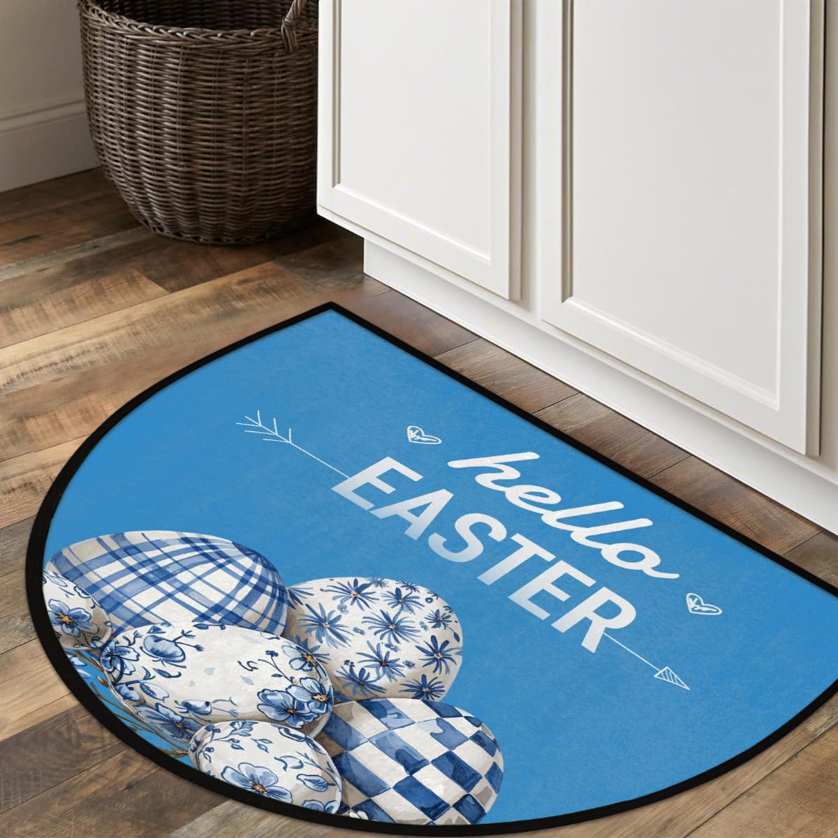 Half Round Door Mat Happy Easter Eggs Blue Washable Non-Slip Doormat Welcome Semi Circle Area Rug Half Moon Mats Semi Floor Rugs Indoor Entrance Kitchen Bedroom Living Room Decorative Gift