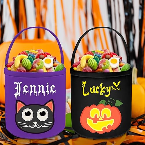 Miniatura 5 de Cesta personalizada de Halloween, bolsa de cubo personalizada con nombre personalizado, cesta de lona de calabaza, regalos para niños y niñas