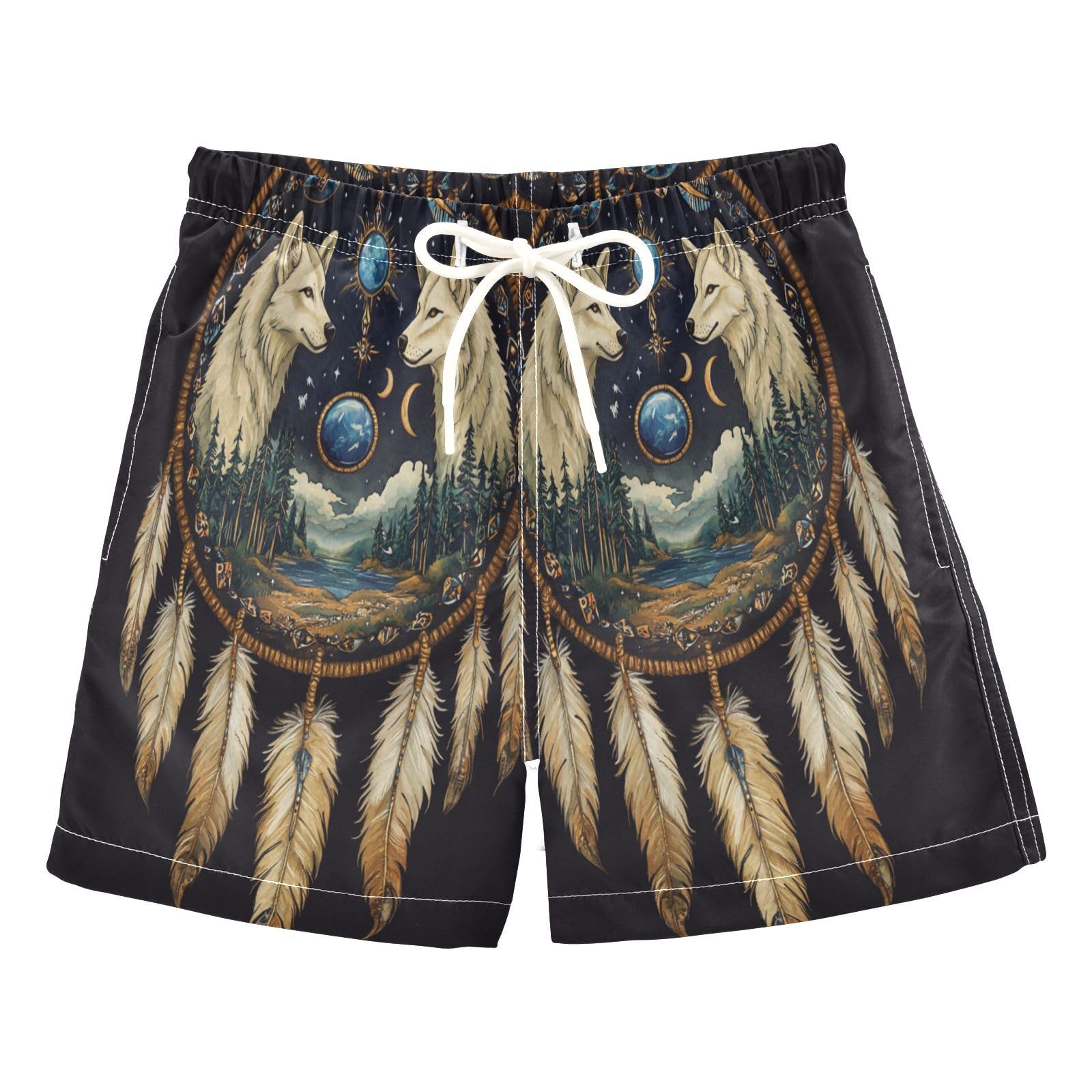Boys Swim Trunks Toddler Swim Shorts Little Boys Swimwear Dream Catcher Forest Wolfs Bathing Suit Swimsuit Multi